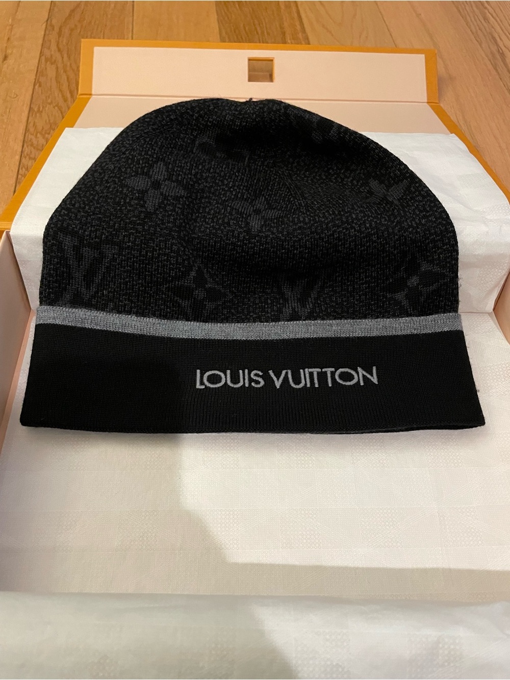 Louis Vuitton Black Knit Monogram Beanie with Gray Band